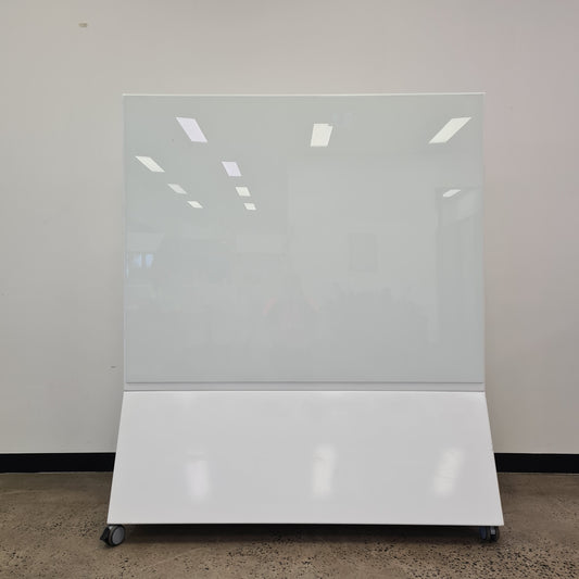 Mobile Magnetic Glass Whiteboard with White Metal Base on Castors