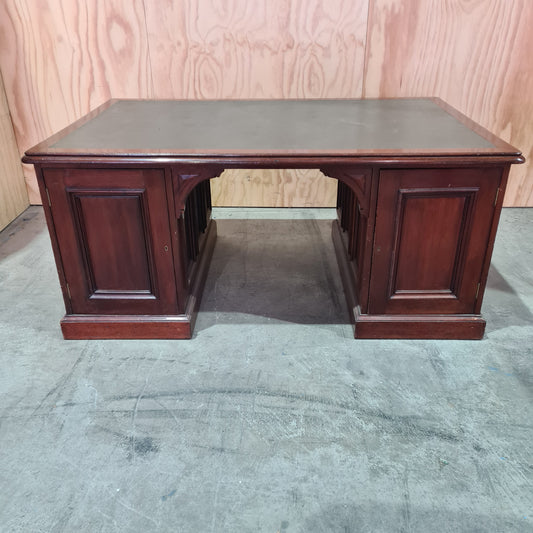 Antique 19th century solid mahogany timber executive desk with genuine leather top