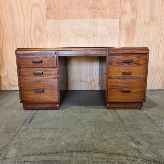 Antique Solid Timber Desk with Double Sided Cabinetry and Leather Top