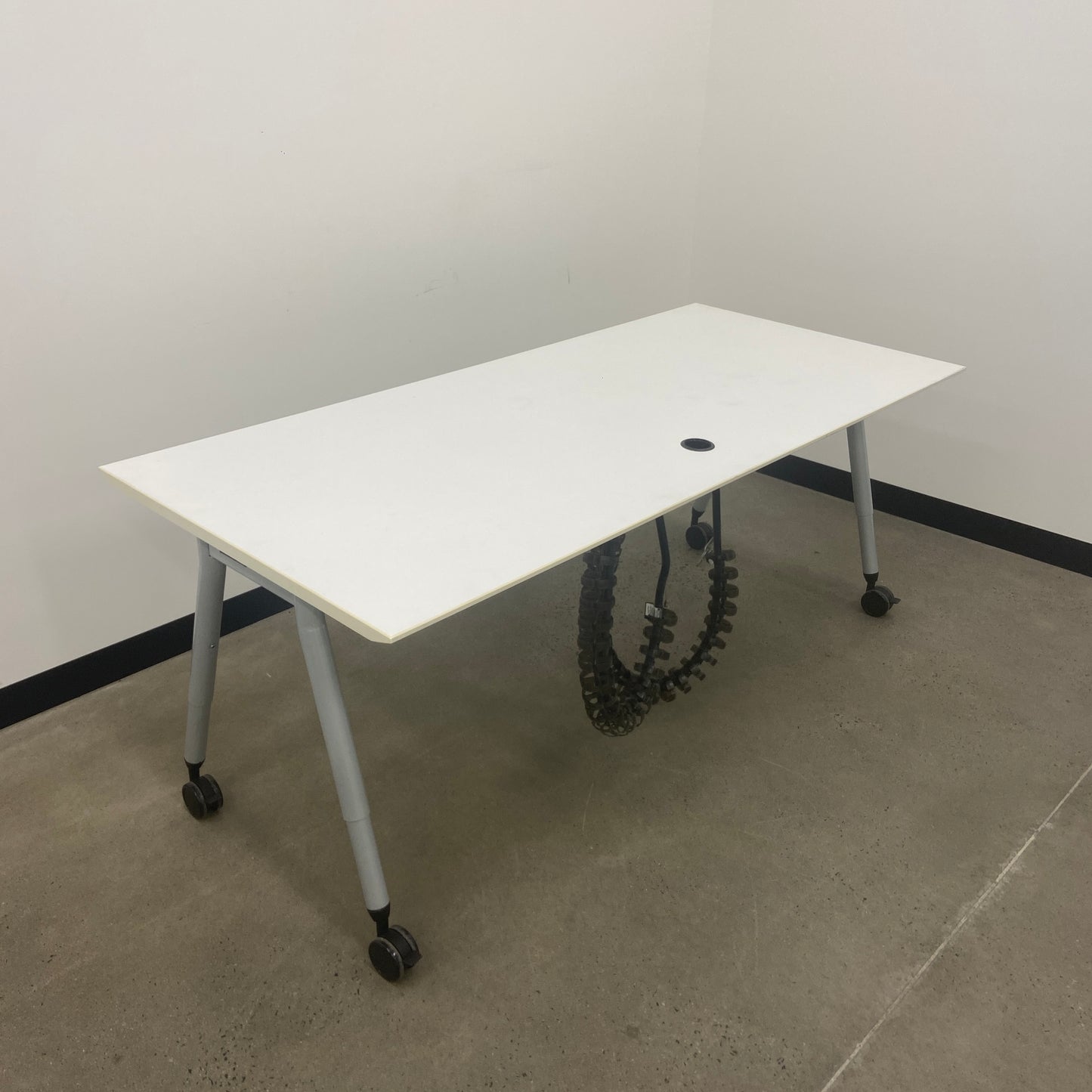 White Desk on Wheels with Cable Management